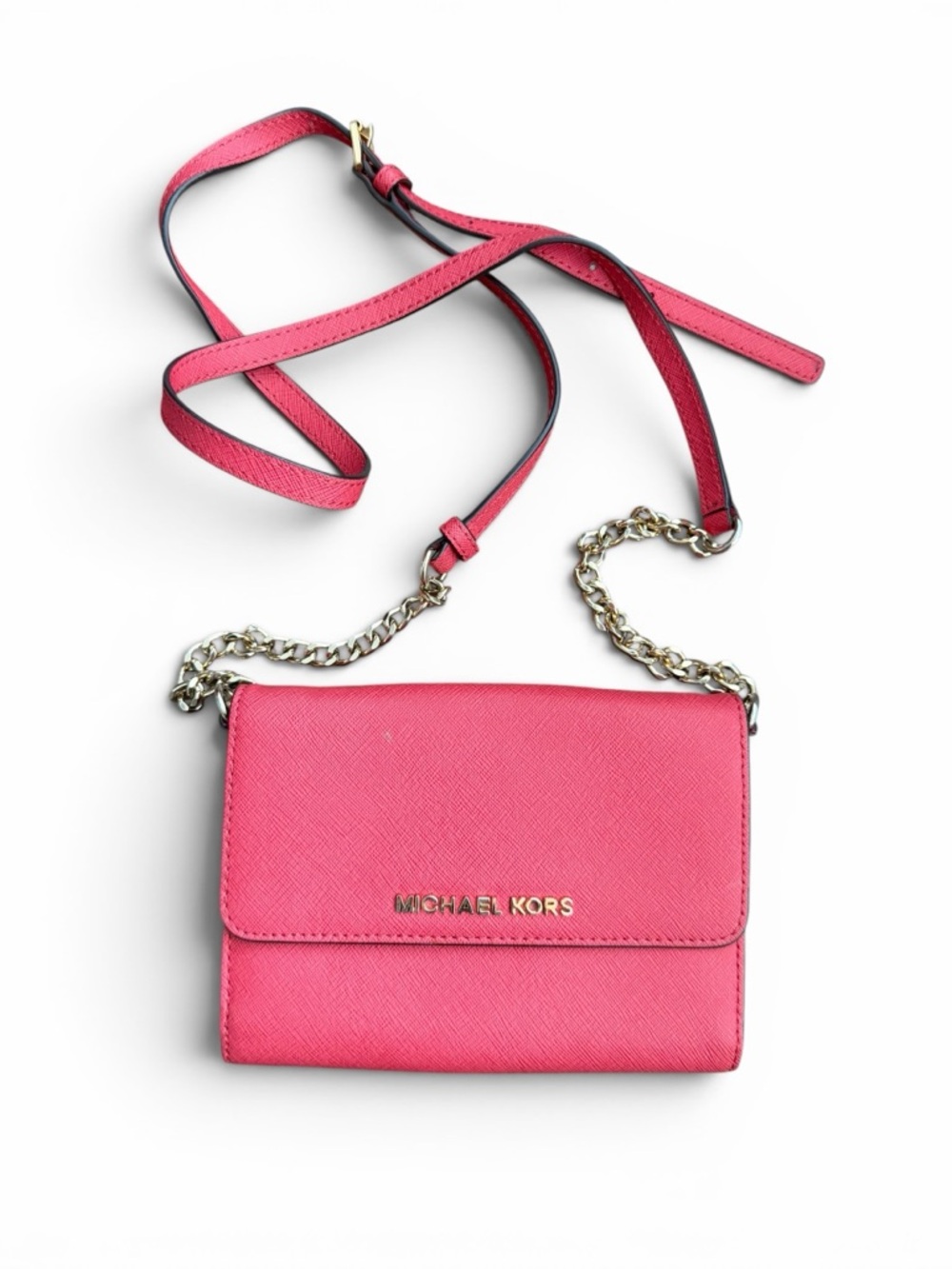 MICHAEL KORS Hot Pink Saffiano Crossbody with Gold Chain